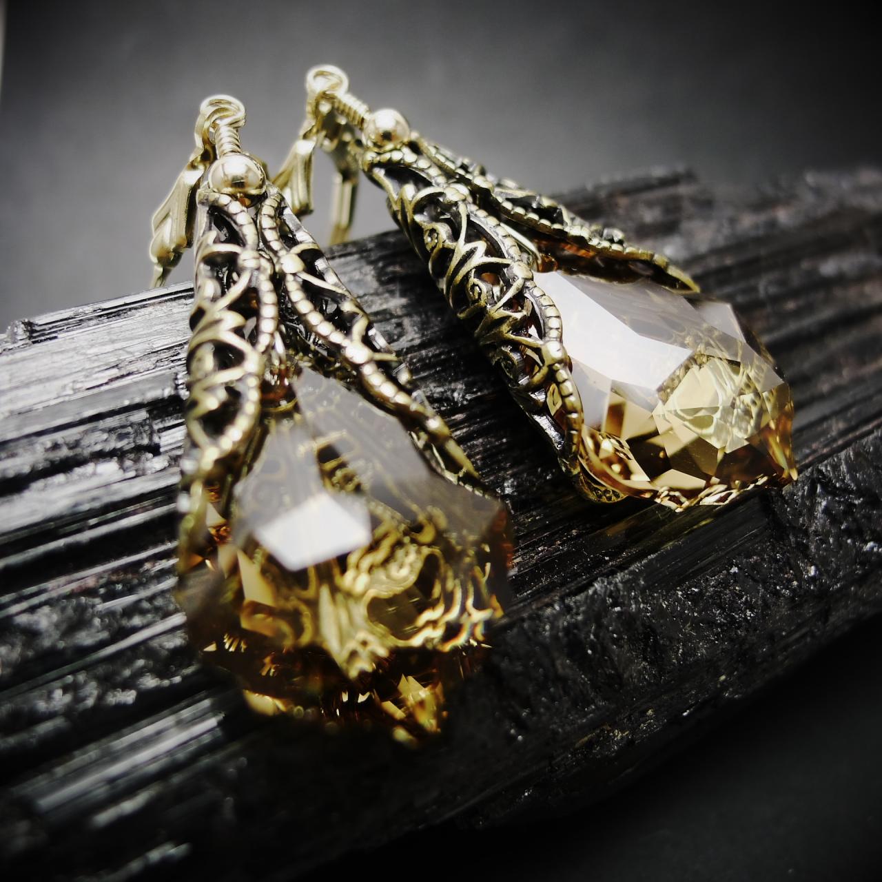 Wrapped Champagne Gold Crystal / Brass Filigree / 14k Goldfilled Accent Earrings